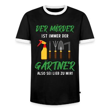 Garten Outfit Der Mörder ist immer der Gärtner - Männer Kontrast-T-Shirt - Schwarz/Weiß - Vorne - AI Model Female 172 light (172cm) & AI Model Male 178 light (178cm)