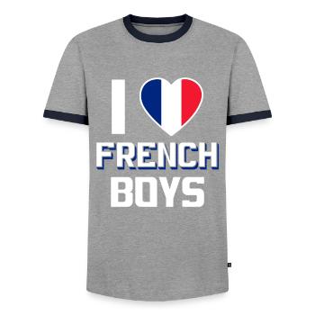 I Love French Boys Nationality France - Men's Ringer Shirt - grey/navy  - Front - AI Model Female 172 light (172cm) & AI Model Male 178 light (178cm)