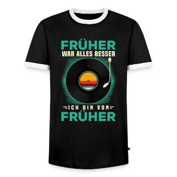70s, 80s und 90s Jahre Retro Musik Schalplatte - Männer Kontrast-T-Shirt - Schwarz/Weiß - Vorne - AI Model Female 172 light (172cm) & AI Model Male 178 light (178cm)