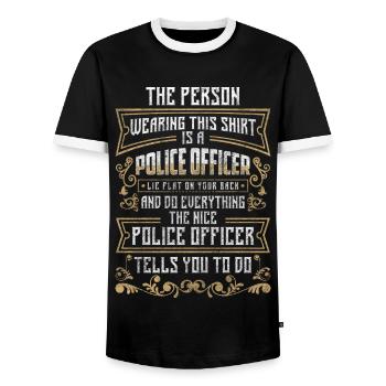Police Sheriff Handcuffs - Men's Ringer Shirt - black/white - Front - AI Model Female 172 light (172cm) & AI Model Male 178 light (178cm)