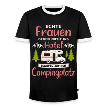 Camping Frauen Wohnmobil Camper Campingplatz - Männer Kontrast-T-Shirt - Schwarz/Weiß - Vorne - AI Model Female 172 light (172cm) & AI Model Male 178 light (178cm)
