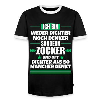 Neither poet nor thinker, but gambler - Men's Ringer Shirt - black/white - Front - AI Model Female 172 light (172cm) & AI Model Male 178 light (178cm)