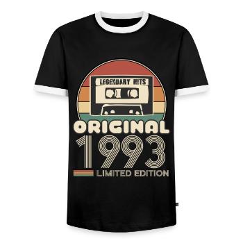 1993 - Männer Kontrast-T-Shirt - Schwarz/Weiß - Vorne - AI Model Female 172 light (172cm) & AI Model Male 178 light (178cm)
