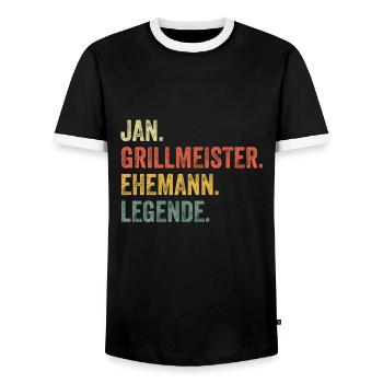 Jan Grillmeister Husband First name Grilling - Men's Ringer Shirt - black/white - Front - AI Model Female 172 light (172cm) & AI Model Male 178 light (178cm)