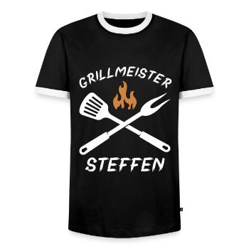 Grillmeister STeffen - Männer Kontrast-T-Shirt - Schwarz/Weiß - Vorne - AI Model Female 172 light (172cm) & AI Model Male 178 light (178cm)