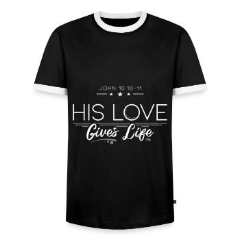 Christian, His love gives life, religion - Men's Ringer Shirt - black/white - Front - AI Model Female 172 light (172cm) & AI Model Male 178 light (178cm)
