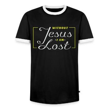 Jesus - Without Jesus I am lost - Jesus - Men's Ringer Shirt - black/white - Front - AI Model Female 172 light (172cm) & AI Model Male 178 light (178cm)