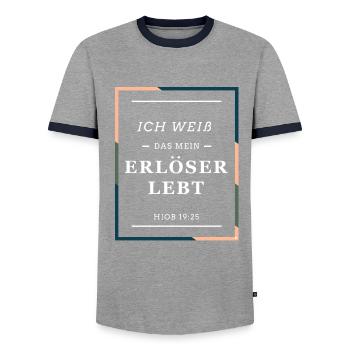 Ich weiß das mein Erlöser lebt. Christlich, Bibel - Männer Kontrast-T-Shirt - Grau/Navy  - Vorne - AI Model Female 172 light (172cm) & AI Model Male 178 light (178cm)
