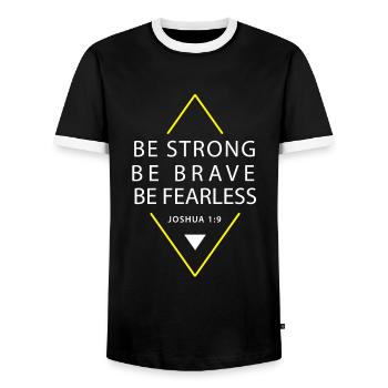 Strong - Courageous - Fearless - Christian - Men's Ringer Shirt - black/white - Front - AI Model Female 172 light (172cm) & AI Model Male 178 light (178cm)