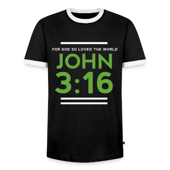 John 3: 16 - Men's Ringer Shirt - black/white - Front - AI Model Female 172 light (172cm) & AI Model Male 178 light (178cm)