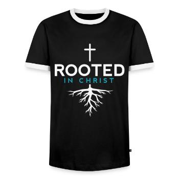 Deep in Jesus rooted - Christian - Men's Ringer Shirt - black/white - Front - AI Model Female 172 light (172cm) & AI Model Male 178 light (178cm)
