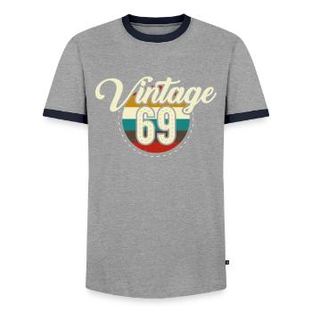 Year 69 - Men's Ringer Shirt - grey/navy  - Front - AI Model Female 172 light (172cm) & AI Model Male 178 light (178cm)