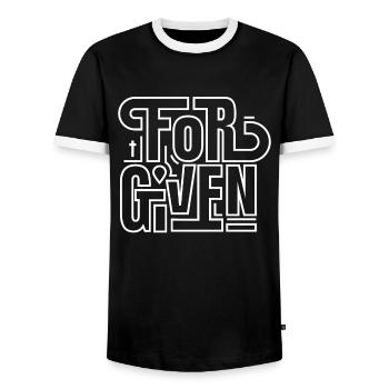 forgiven - Jesus died for us - Christian - Men's Ringer Shirt - black/white - Front - AI Model Female 172 light (172cm) & AI Model Male 178 light (178cm)