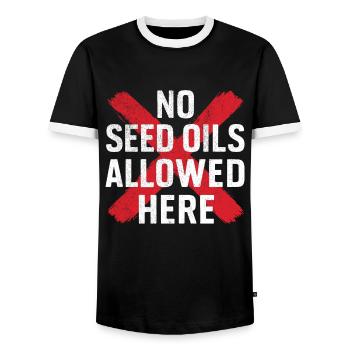 Anti Seed Oils Hate Vegetable Oils Hat Seed Oils - Men's Ringer Shirt - black/white - Front - AI Model Female 172 light (172cm) & AI Model Male 178 light (178cm)