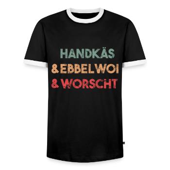 Handkäse Äppelwoi and sausage Hessisch - Men's Ringer Shirt - black/white - Front - AI Model Female 172 light (172cm) & AI Model Male 178 light (178cm)