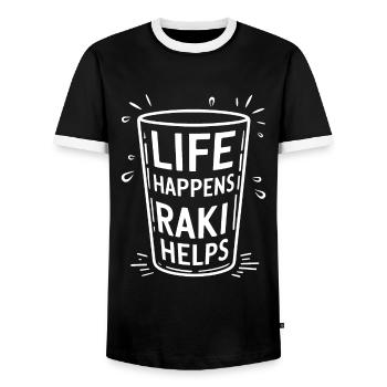 Funny Raki Saying Alcohol Life Happens raki helps - Men's Ringer Shirt - black/white - Front - AI Model Female 172 light (172cm) & AI Model Male 178 light (178cm)