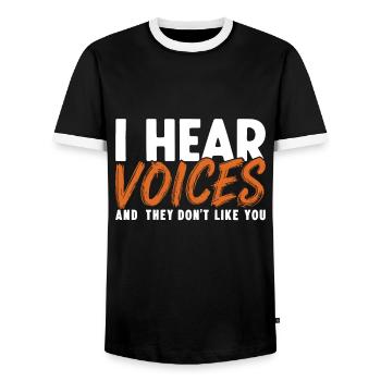 I hear Voices and they dont like you Humor Quote G - Men's Ringer Shirt - black/white - Front - AI Model Female 172 light (172cm) & AI Model Male 178 light (178cm)
