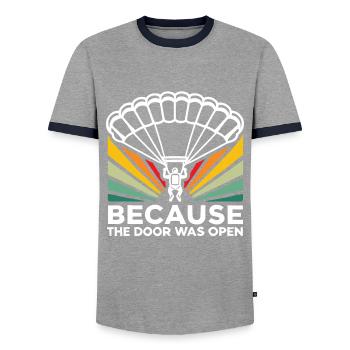 Weil die Tür offen war Lustiger Fallschirmspringer - Männer Kontrast-T-Shirt - Grau/Navy  - Vorne - AI Model Female 172 light (172cm) & AI Model Male 178 light (178cm)