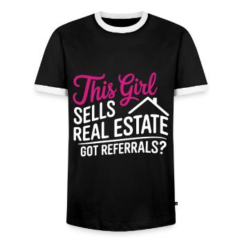 Cette fille vend de l’immobilier Agent Vendeuse en disant - T-shirt contrasté Homme - noir/blanc - Devant - AI Model Female 172 light (172cm) & AI Model Male 178 light (178cm)