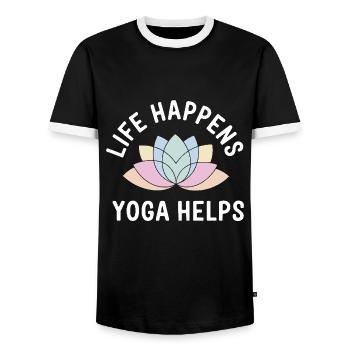 Life Happens Yoga Helps Meditation Mindfulness - Men's Ringer Shirt - black/white - Front - AI Model Female 172 light (172cm) & AI Model Male 178 light (178cm)