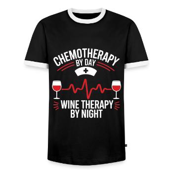 Chemotherapy by day Wine therapy by night Oncology - Men's Ringer Shirt - black/white - Front - AI Model Female 172 light (172cm) & AI Model Male 178 light (178cm)