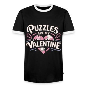 Puzzles are my Valentine Funny Pun Jigsaw Puzzle V - Men's Ringer Shirt - black/white - Front - AI Model Female 172 light (172cm) & AI Model Male 178 light (178cm)