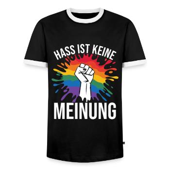 Hate is not an opinion Statement against the right - Men's Ringer Shirt - black/white - Front - AI Model Female 172 light (172cm) & AI Model Male 178 light (178cm)