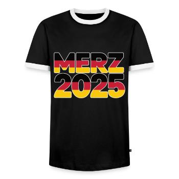 Merz Chancellor 2025 Federal Chancellor Bundestag election - Men's Ringer Shirt - black/white - Front - AI Model Female 172 light (172cm) & AI Model Male 178 light (178cm)