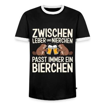 Une bière s’insère toujours entre le foie et les reins - T-shirt contrasté Homme - noir/blanc - Devant - AI Model Female 172 light (172cm) & AI Model Male 178 light (178cm)