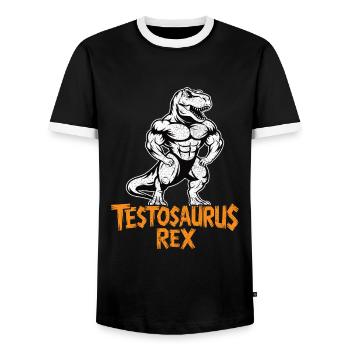 Testosaurus Rex Funny Bodybuilder Dinosaur - Men's Ringer Shirt - black/white - Front - AI Model Female 172 light (172cm) & AI Model Male 178 light (178cm)