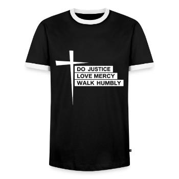 Tue Gerechtigkeit Liebe Barmherzigkeit Wandele demütig Bibel Micha 6,8 - Männer Kontrast-T-Shirt - Schwarz/Weiß - Vorne - AI Model Female 172 light (172cm) & AI Model Male 178 light (178cm)