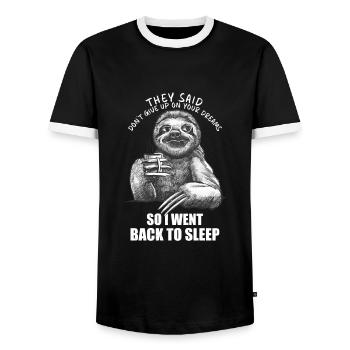 Went Sleeping Again Sarcastic Coffee Sloth - Men's Ringer Shirt - black/white - Front - AI Model Female 172 light (172cm) & AI Model Male 178 light (178cm)