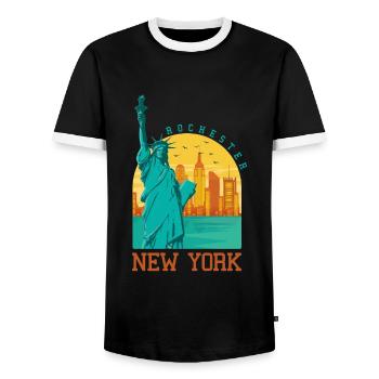 Rochester New York - Men's Ringer Shirt - black/white - Front - AI Model Female 172 light (172cm) & AI Model Male 178 light (178cm)