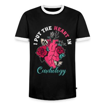 Put The Heart In Cardiology Cardiologist - Men's Ringer Shirt - black/white - Front - AI Model Female 172 light (172cm) & AI Model Male 178 light (178cm)