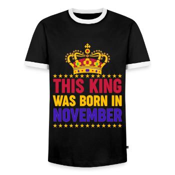 This King Was Born In November - Men's Ringer Shirt - black/white - Front - AI Model Female 172 light (172cm) & AI Model Male 178 light (178cm)