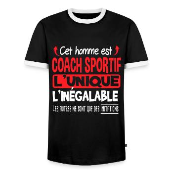 Coach sportif homme viril. Cadeau sport unique - T-shirt contrasté Homme - noir/blanc - Devant - AI Model Female 172 light (172cm) & AI Model Male 178 light (178cm)