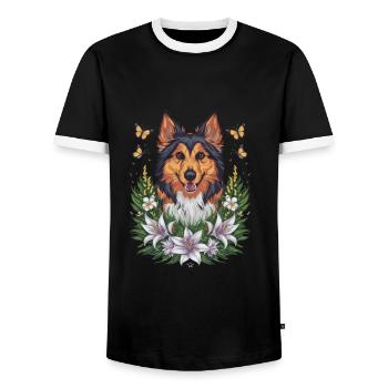 Norwegian Elkhound with Lilies, Butterflies - Men's Ringer Shirt - black/white - Front - AI Model Female 172 light (172cm) & AI Model Male 178 light (178cm)