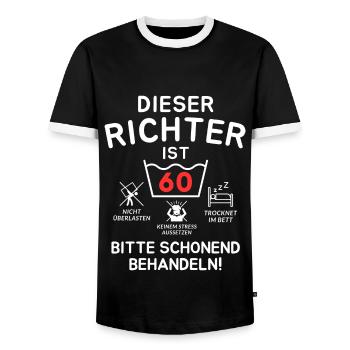 This judge is 60. - Men's Ringer Shirt - black/white - Front - AI Model Female 172 light (172cm) & AI Model Male 178 light (178cm)