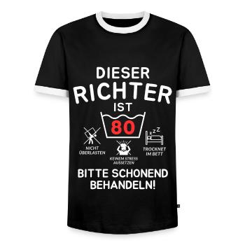 This judge is 80. - Men's Ringer Shirt - black/white - Front - AI Model Female 172 light (172cm) & AI Model Male 178 light (178cm)
