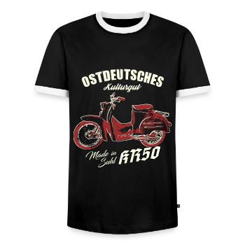Simson KR50 - Ostdeutsches Kulturgut - Männer Kontrast-T-Shirt - Schwarz/Weiß - Vorne - AI Model Female 172 light (172cm) & AI Model Male 178 light (178cm)