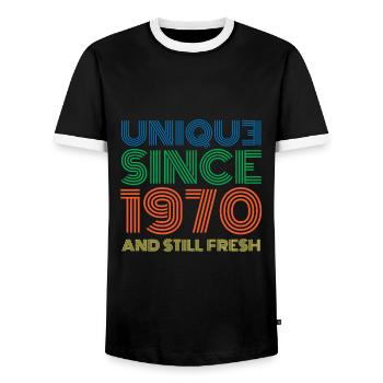 Millésime 1970 - T-shirt contrasté Homme - noir/blanc - Devant - AI Model Female 172 light (172cm) & AI Model Male 178 light (178cm)