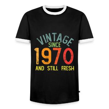 Millésime 1970 - T-shirt contrasté Homme - noir/blanc - Devant - AI Model Female 172 light (172cm) & AI Model Male 178 light (178cm)