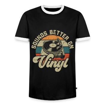 Schallplatte Vinyl Musik Plattenspieler retro - Männer Kontrast-T-Shirt - Schwarz/Weiß - Vorne - AI Model Female 172 light (172cm) & AI Model Male 178 light (178cm)