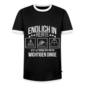 Rentner mit Boot Ruhestand genießen Rente - Männer Kontrast-T-Shirt - Schwarz/Weiß - Vorne - AI Model Female 172 light (172cm) & AI Model Male 178 light (178cm)