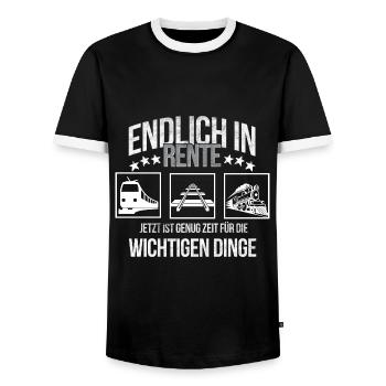 Rentner Modelleisenbahn Ruhestand genießen Rente - Männer Kontrast-T-Shirt - Schwarz/Weiß - Vorne - AI Model Female 172 light (172cm) & AI Model Male 178 light (178cm)