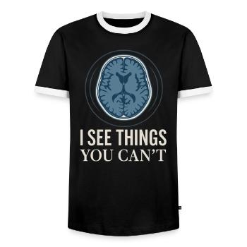 MRI Technologist Radiology Magnetic Resonance - Men's Ringer Shirt - black/white - Front - AI Model Female 172 light (172cm) & AI Model Male 178 light (178cm)