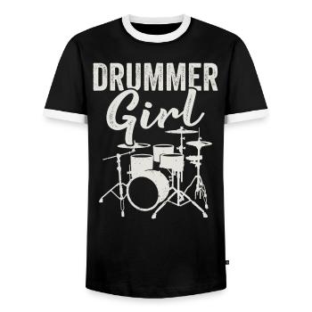 Vintage Drummer Girl Drum Set Musician - Men's Ringer Shirt - black/white - Front - AI Model Female 172 light (172cm) & AI Model Male 178 light (178cm)