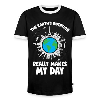 The Earth s rotation makes my day - Men's Ringer Shirt - black/white - Front - AI Model Female 172 light (172cm) & AI Model Male 178 light (178cm)