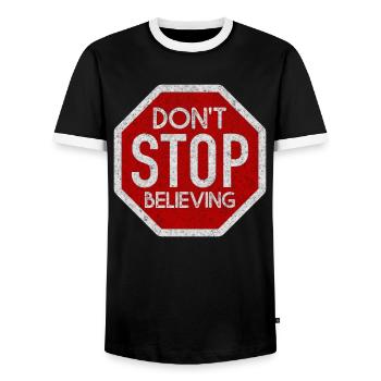 DONT STOP BELIEVING WHITE GRUNGE - Männer Kontrast-T-Shirt - Schwarz/Weiß - Vorne - AI Model Female 172 light (172cm) & AI Model Male 178 light (178cm)