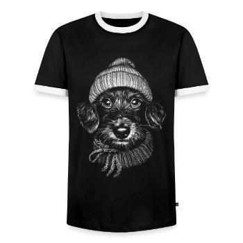 Teckel à poil dur Chapeau à pompon Chien Chien Teckel - T-shirt contrasté Homme - noir/blanc - Devant - AI Model Female 172 light (172cm) & AI Model Male 178 light (178cm)